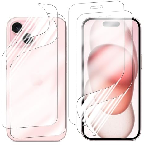 Yxiummo Hydrogel Film for iPhone 15,2 Pcs Screen Protector Soft with 2 Pcs Back Film Transparent HD Clear,Anti-Bubble,Self-Healing Easy Installation[Not Glass]