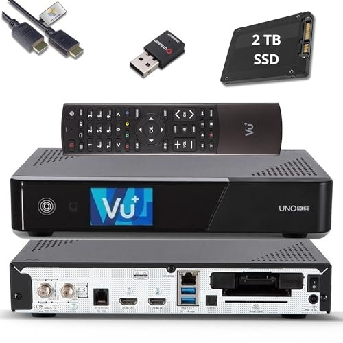 VU+ UNO 4K SE E2 Linux Sat Receiver + 2TB SSD & WLAN 300 (DVB-S2 FBC Twin Tuner, 4K HDR, HDMI 2.0, USB 3.0, CI + Kartenleser, 2,4 LCD Display, HTS e-com HDMI, TV-Box mit PVR Funktion)