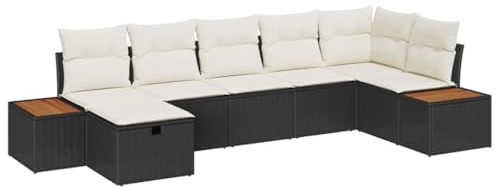 vidaXL Garten-Sofa-Set mit Kissen 7 pcs Schwarz Poly Rattan, Garten- und Terrassenmöbel, rechteckig, modern, mit verstellbaren Füßen, wetterfest, modular, haltbar, Sofa