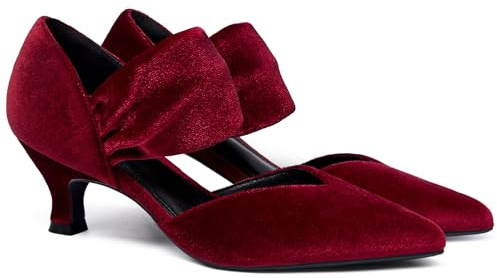 Coutgo Womens Low Kitten Heel Dress Shoes Pointed Toe Slip on Ankle Strap Cutout Elegant Party Wedding Pumps, Velvet Red, 7.5 UK