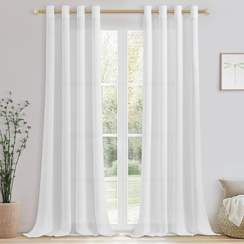 CUTEWIND Vorhänge Weiss mit Ösen Voile Gardinen Leinenoptik Halbtransparent für Wohnzimmer Schlafzimmer, Vorhang Weiß Leinen 250 cm Lang 140 cm Breit Gardinenschals 2er Set