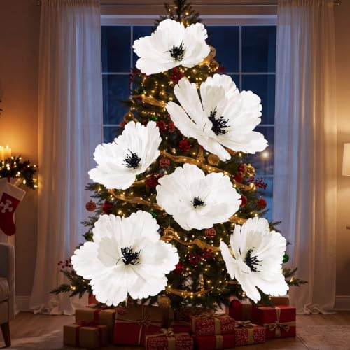 Janinka 6 Pcs Extra Large Christmas Flowers 22'' 12'' Magnolia Artificial Flowers Velvet Christmas Tree Decoration Large Xmas Artificial Poinsettia Ornaments for Xmas Tree Wreath Garland(White)