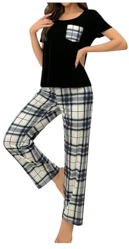 Ensemble de Pyjama Femme Coton Vêtements de Nuit à Manches Courtes + Bas Pyjama à Carreaux Vêtement d'Intérieur Automne et Hiver