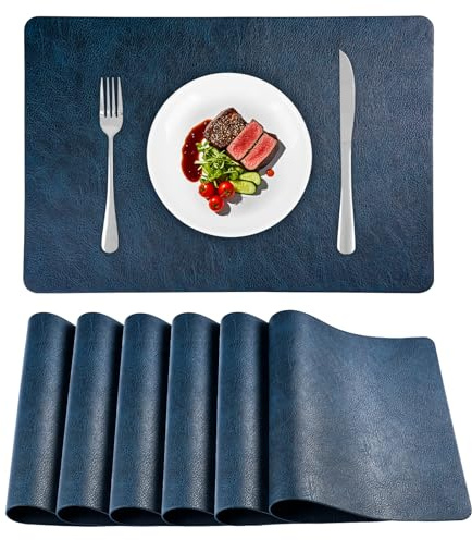 APLKER Tischsets Abwaschbar 6er Set Lederoptik Platzdeckchen 43 × 30 cm | Kunstleder Tischsets Platzsets Abwaschbar Doppelseitigen Rutschfest Wasserdicht Tischuntersetzer 16,9 × 11,8 Zoll Dunkelblau