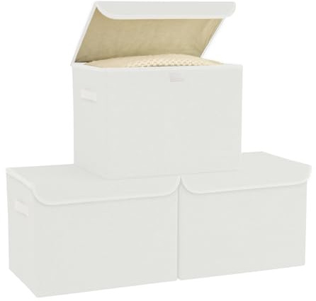 Bagnizer Large Collapsible Storage Baskets with Lids & Handles 3PCS | Storage Boxes for Clothes Toy Large Foldable Organize Box for Wardrobe Bedroom Office White 42x30x30CM