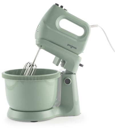 Progress Neutrals Hand Mixer, 2 In 1 Stand Mixer, 300 W, Sage Green | 5 Speed Settings With Turbo, Includes Mixing Bowl, 2 Stainless Steel Beaters, 2 Dough Hooks, For Mixing Whisking Kneading