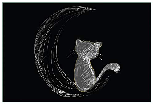 Wallario Küchenrückwand selbstklebend 90 x 60 cm, Motiv: Katze sitzt auf dem Mond - illustriert in weiß auf schwarz | Spritzschutz abwischbar & pflegeleicht