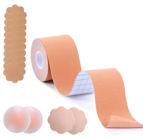 Boob Tape 5m, Pezoneras Adhesivas Invisibles y Reutilizables, Sujetadores Adhesivos Push Up para Mujer, Efecto Levantado y Natural, para Sujetadores sin Espalda, Vendas Sujetadoras para Mujer Copa A-E
