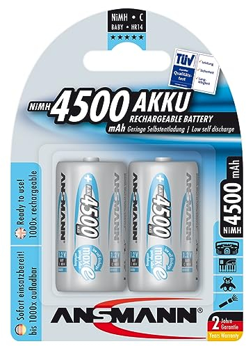 ANSMANN Akku C 4500 mAh NiMH 1,2 V (2 Stück) - Baby C Batterien wiederaufladbar, hohe Kapazität & maxE geringe Selbstentladung für hohen Strombedarf & jahrelangen Einsatz