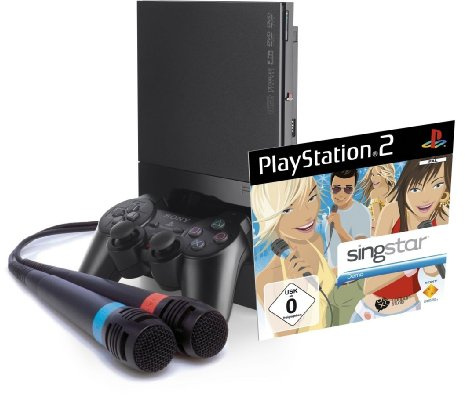 PlayStation 2 - PS2 Konsole Slim, black + SingStar Demo Disc inkl. Mics