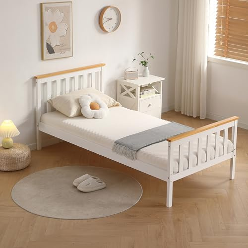 Comfy Living 3ft Single Bed Frame, Solid Pine Wooden Bed for Adults Kids Teenagers, Atlantis Style, White with Caramel Bar