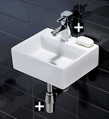 Square Wall Hung Ceramic Basin with Square Mixer tap and Waste
