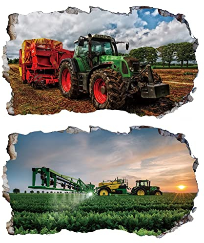 2Pcs Wandtattoo Traktor Trecker 3D Effekt XXL Farm Feld Landwirtschaft Wandaufkleber Fenster Selbstklebend für Junge Kinderzimmer Groß 1000mmx600mm v13