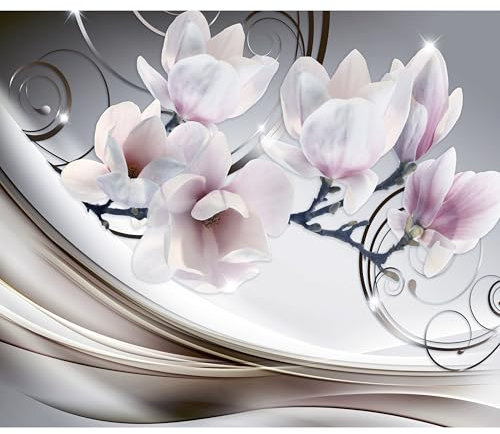 decomonkey Fototapete selbstklebend Blumen Abstrakt 392x280 cm XL Selbstklebende Tapeten Wand Fototapeten Tapete Wandtapete klebend Klebefolie Magnolie Orchidee 3d Effekt grau rosa Holz braun