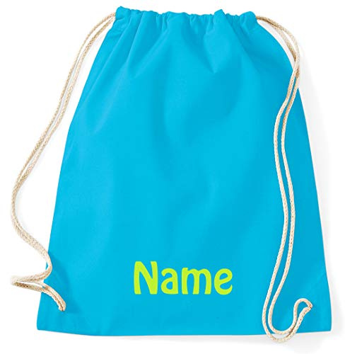Turnbeutel mit Namen Bestickt aus 100% Baumwolle, Sportbeutel, Schwimmbeutel, Gym Sack, Gym Bag, (Türkis)