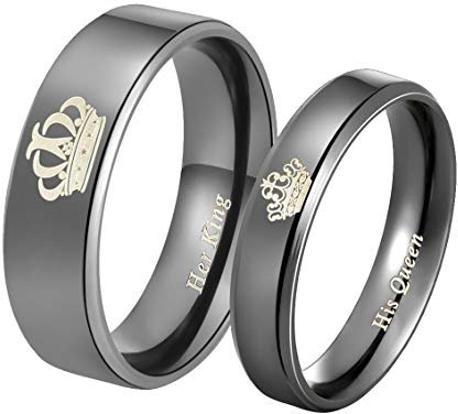 Mabohity Damen-Ring Titan-Ring mit Krone Her King und His Queen Gravur Titanium 5mm Breit Ehering Verlobungsring Freundschaftsring Partnerring Paar Ring, Schwarz, Größe 62