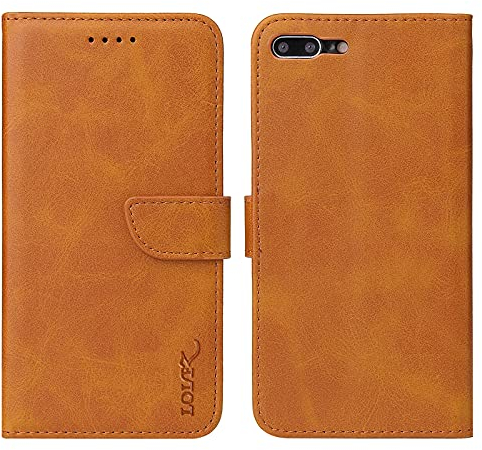 LOLFZ Wallet Case for iPhone 7 Plus/8 Plus - Vintage Yellow Leather Flip Case with Kickstand, Card Slots & Shockproof TPU Inner Shell