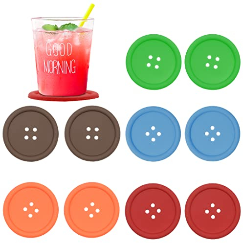 Silicone Drink Coaster, 10Pcs Round Button Shaped Cup Cushion Holder, Coffee Drink Mat With Deep Grooved and Non-Slip Placemat