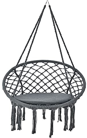 Juskys Hängesessel Cadras 60 cm breites Kissen - Indoor Hängekorb 120 kg Belastbarkeit für Kinder & Erwachsene - Einfache Aufhängung - Boho anthrazit
