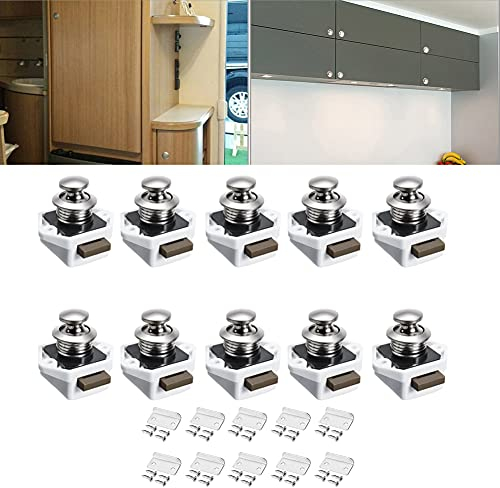 10 Stücke Zinklegierung Cupboard Push Button Lock Wohnmobilschlösser mit Schraube und Schließblech, Türfangschloss Riegelknopfschrank für RV Wohnwagen Wohnmobil Yacht (Silber-)