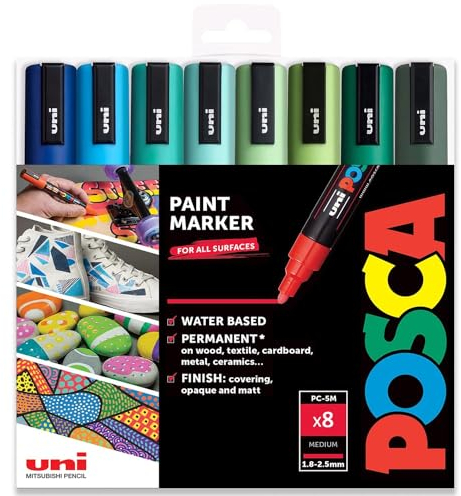 Posca - PC-5M - Rotuladores de pintura artística - 1,8-2,5 mm - Juego de 8 tonos azules y verdes en caja de regalo