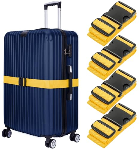 BlueCosto Gepäckgurte für Koffer – Gelb, 4er-Pack – Premium-Nylongurte für die Gepäcksicherheit – Strapazierfähig mit verstellbarer Länge 1–2 Meter