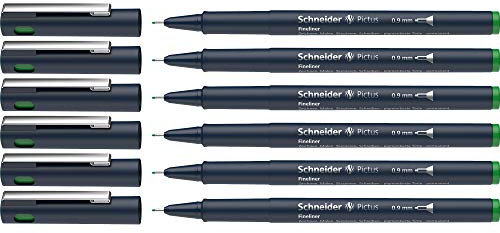 Schneider Pictus Fineliner (Strichstärke 0,9 mm, dokumentenechte Pigmentliner, metallgefasste Spitze, Gehäuse aus 85% recyceltem Kunststoff) 6er Pack, grün