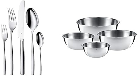 WMF Palma Edelstahl Besteck Set 6 Personen, Essbesteck Set 30 teilig Monobloc-Messer & Gourmet Schüsselset 4-teilig Edelstahl Schüsseln für die Küche 0,75l - 2,75l, Cromargan, stapelbar