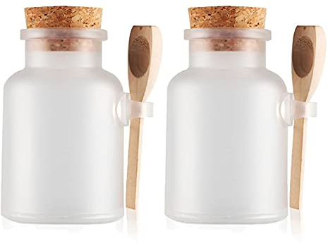 TIANZD 2 Pack 500ml Matte Plastic Bath Salt Storage Jars with Cork and Wooden Spoon Empty Kitchen Storage Container for Bath Salt Scrub Mask