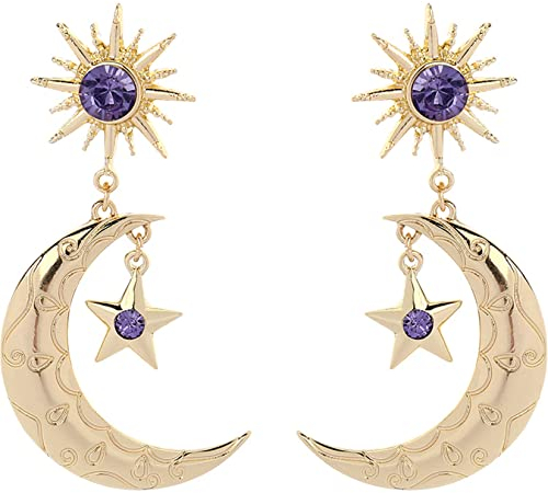 Yifnny Stern und Mond Ohrringe - Asymmetrische Mondstern Sonne Ohrstecker, Funkelnde Böhmische Lange Ohrringe für Frauen, Mondschmuck (Style 3)