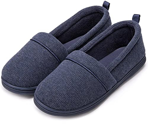 EverFoams Ladies' Memory Foam Comfort Cotton Knit House Shoes Light Weight Terry Cloth Loafer Slippers with Anti-Skid Rubber Sole, Navy Blue, 6 UK