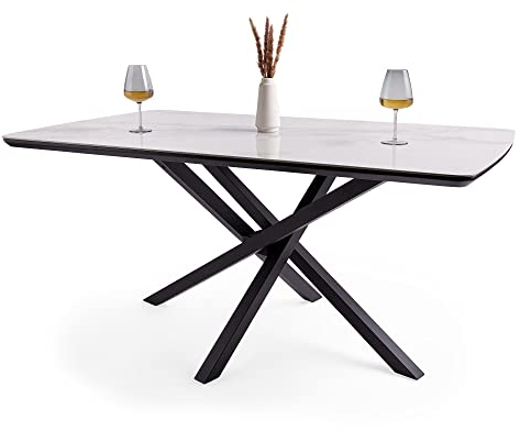 Spinningfield Dining Table - 6 Seater Kitchen Table for Dining Room - Rectangular White Ceramic Marble Effect Tabletop for 6 People - Luxe with Black Cross Legs - W160cm x D90cm - Atherton