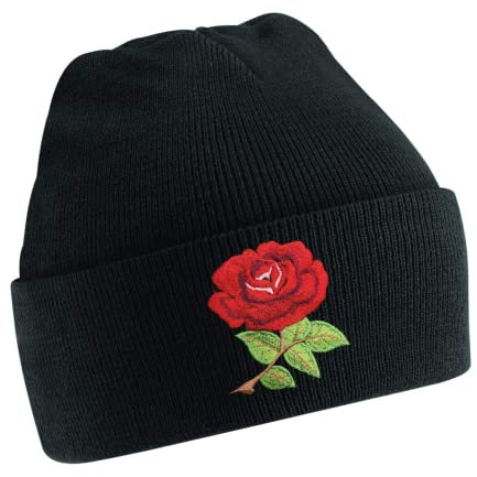 Print Me A Shirt Beanie Rugby Hat for Boys and Girls Running Sports Winter Cap Classic Embroidered Vintage England Rose Breathable Comfortable Fit (Black)