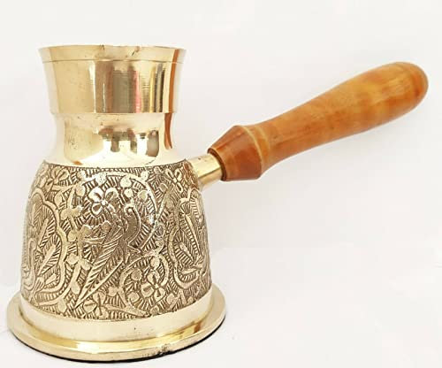Sharvgun Golden Turkish Greek Arabic Coffee Pot Brass Metal Coffee Maker Cezve Ibrik Briki with Wooden Handle (Large - 14 Oz) Peacock Bird Engraved