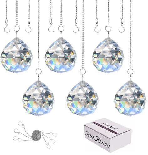 MerryNine Boule de Cristal Clair Prisme Attrape-Soleil Pendentifs Arc-en-Ciel Maker, Prismes de Cristaux Suspendus pour fenêtres, pour Le Feng Shui, pour Le Cadeau(30mm/1.18 6pack)