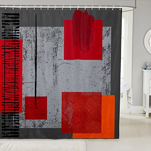 Ombre Art Badvorhang 180Wx180L Schwarz Rot Quadrat Gitter Retro Duschvorhang für Kinder Kind Schlicht Geometrische Duschvorhang Set Grau Grunge Vintage Chic Kreative Wohnkultur