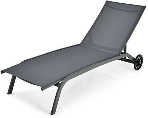 GIANTEX Sonnenliege, Gartenliege mit Rollen, Liegestuhl mit 6-Fach Verstellbarer Rückenlehne, Outdoor Liege für Garten, Balkon & Pool, belastbar bis 150kg, 191 x 61 cm (ohne Sonnendach, Grau)
