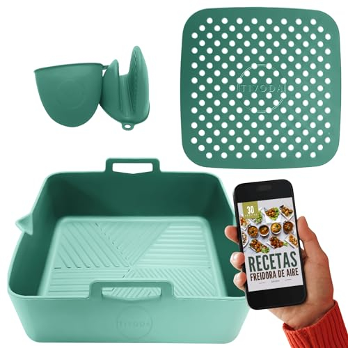 Pack de 3 Accesorios para Freidora de Aire | Molde de Silicona de 21 cm, Alfombrilla Antiadherente y Guantes | Compatible con Cosori 5.5L y Otras Freidoras de Hasta 7L | Reutilizable y Libre de BPA.