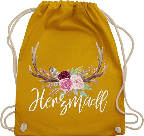 Turnbeutel Rucksack - Kompatibel mit Oktoberfest Tasche - Herzmadl - Unisize - Senfgelb - mitbringsel aus bayern trachtenrucksack bayrische madl beutel trachtentaschen bayrisch hirsch stoffrucksack