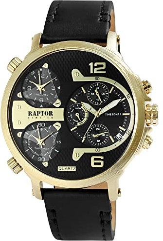 Raptor Limited Herren-Uhr Leder Armbanduhr schwarz goldfarbig Zeitzonen Datums-/ Wochentaganzeige 24 Std. Tachymeter