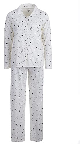 Zeitlos Schlafanzug Pyjama Damen Langarm Mond Sterne Oberteil V-Ausschnitt Knöpfe Baumwolle