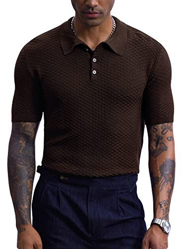 Mainfini Mens Short Sleeve Vintage Knitted Polo Tops Retro Knit Sweater Polo Shirt XL