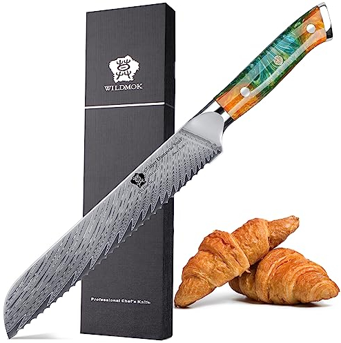 WILDMOK Couteau à pain dentelé, motif plumes en acier de Damas Couteau à pain ultra tranchant 20,3 cm, pour trancher le pain, Série Shu Manche en résine avec élégant coffret