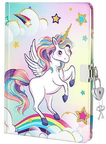 WERNNSAI Unicorn Kids Diary for Girls - Glitter Hardcover Journal Notebook for Kids Gift School Office Private Secret Diary A5 Lined Memos Writing Drawing Notepad with Lock and Keys