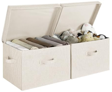 StorageWorks große Aufbewahrungsbox Stoff mit Deckel, dekorative Kiste Aufbewahrung mit Deckel, robuste Aufbewahrungsboxen mit Griffen, Stoffboxen für Regale, Grau-weiß gestreift, 2 Stück