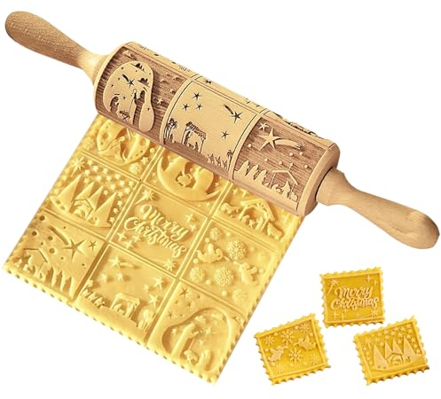 Hilai Rolling Pins, Embossed Rolling Pin 14 Inch Wooden Christmas Rolling Pin for Dough 3D Engraved Christmas Cookie Stamps Tools with Handles for Kitchen Baking