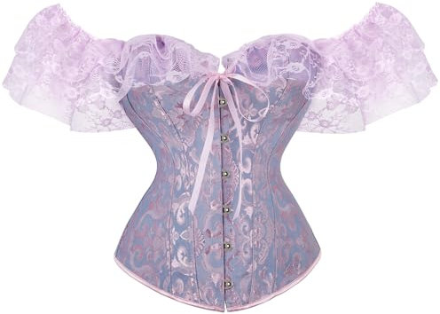 Springcmy Women Floral Lace Off Shoulder Corset Bustier Boned Fishbone Overbust Corset Bodyshaper Lingerie Party Top Wrapped Cincher (A-Purple, S)