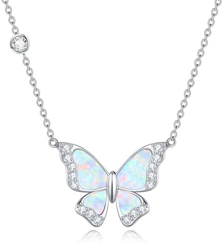 Schmetterling 925 Sterling Silber Opal Blauer Schmetterling Anhänger Halskette - Schmuck Geschenke für Damen, Mädchen, Freundin, Tochter, Mutter, Ehefrau