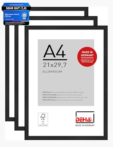 DEHA Design Bilderrahmen, 21 x 29,7 cm (A4) (3er Set), Aluminium, Schwarz matt, Dokumentenrahmen zum Aufhängen im Hoch- & Querformat, bruchsicheres Kunstglas, Boston