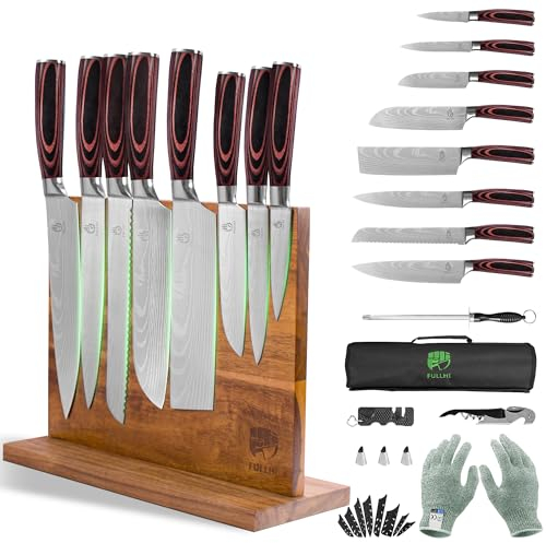 FULLHI Set di coltelli giapponesi da 15 pezzi con portacoltelli magnetico, set di coltelli da cucina in acciaio inox di qualità superiore